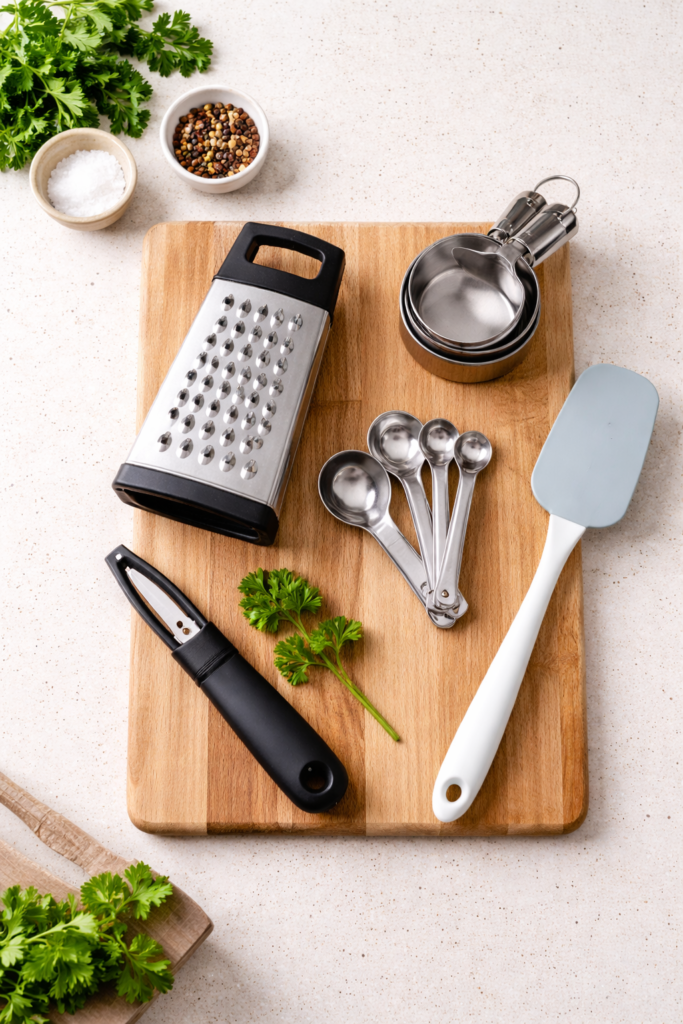 Flat lay of small everyday kitchen tools including a vegetable peeler, measuring cups, box grater, and silicone spatula on a wooden cutting board.