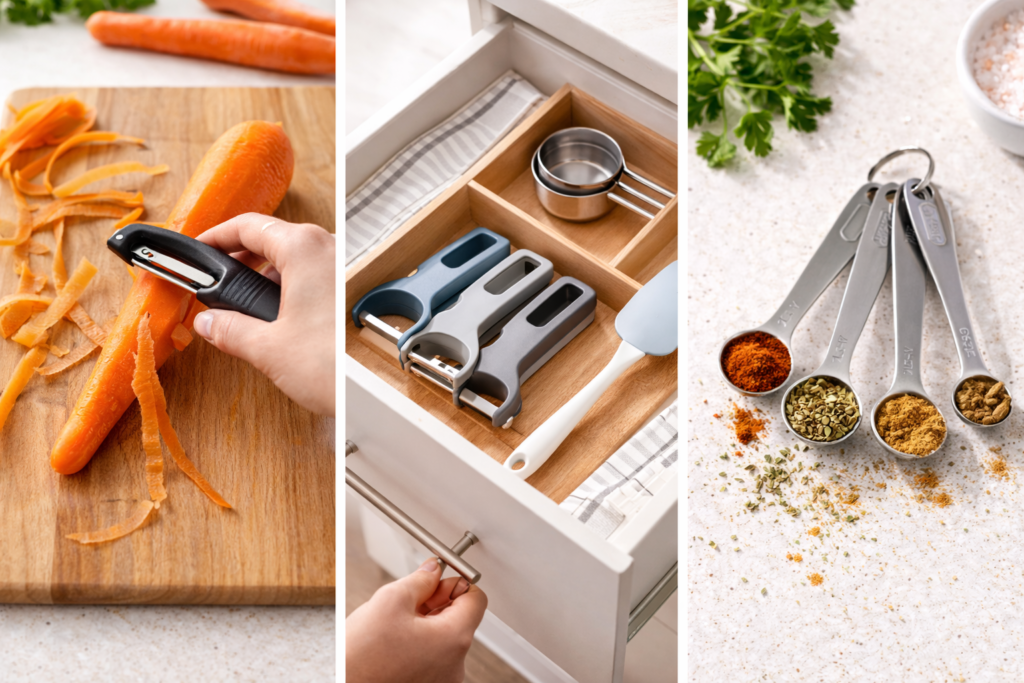 Close-up of peeling carrots on a wooden cutting board using a swivel vegetable peeler in a home kitchen.