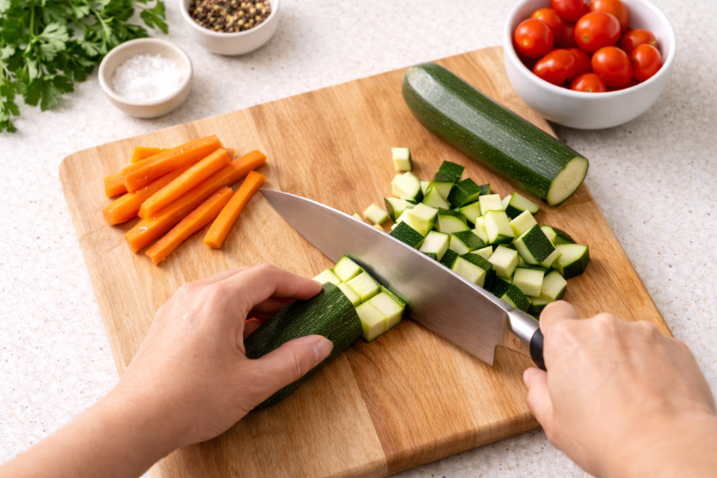 Chopping vegetables on a cutting board.