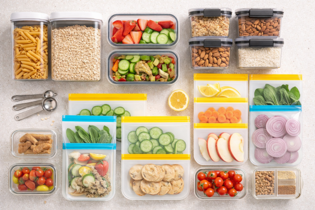 Reusable silicone food storage bags in multiple sizes and food storage containers filled with vegetables and fruit on a clean kitchen countertop