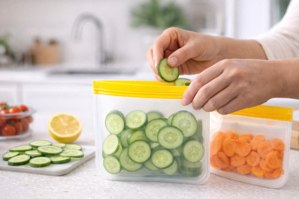 Close-up of hands sealing a leakproof silicone food storage bag filled with chopped vegetables