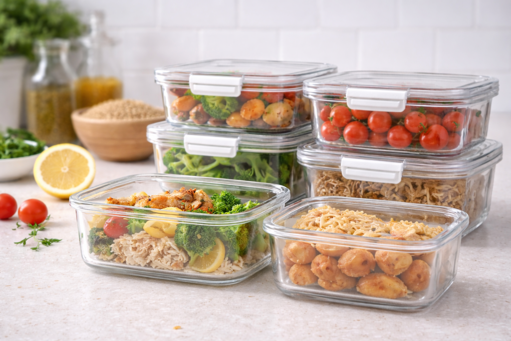 Stacked glass airtight food storage containers with lids filled with prepared meals and fresh ingredients