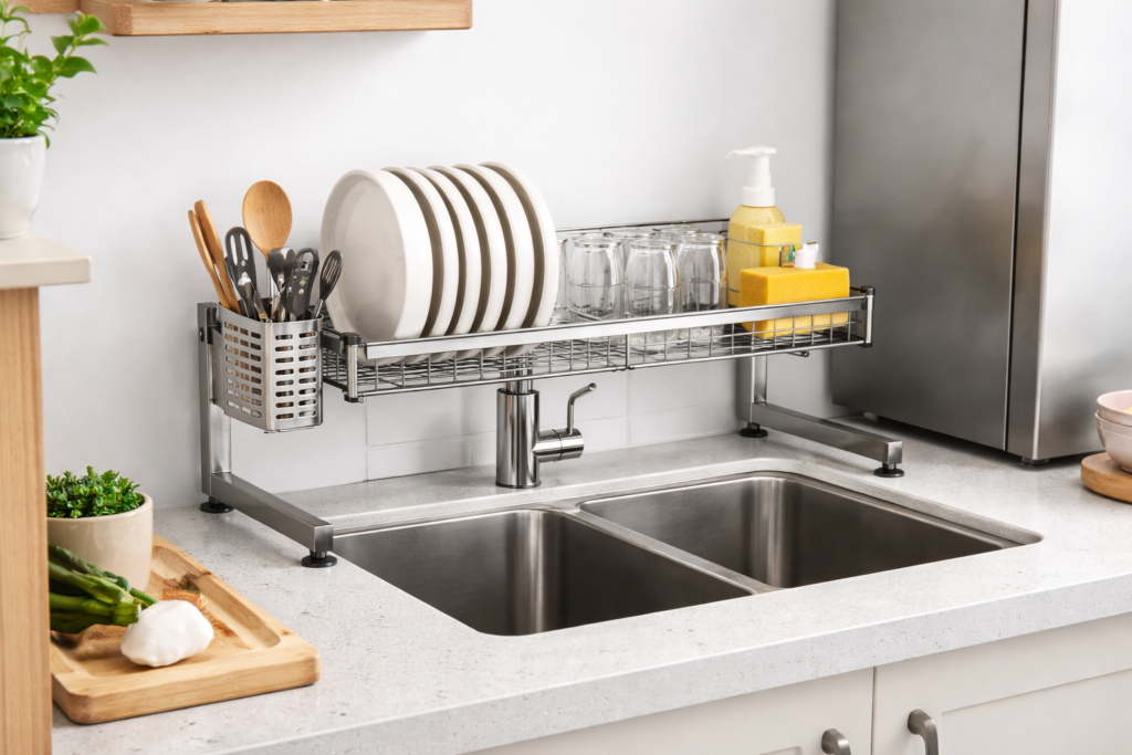 Compact single-tier over-the-sink drying rack in small kitchen