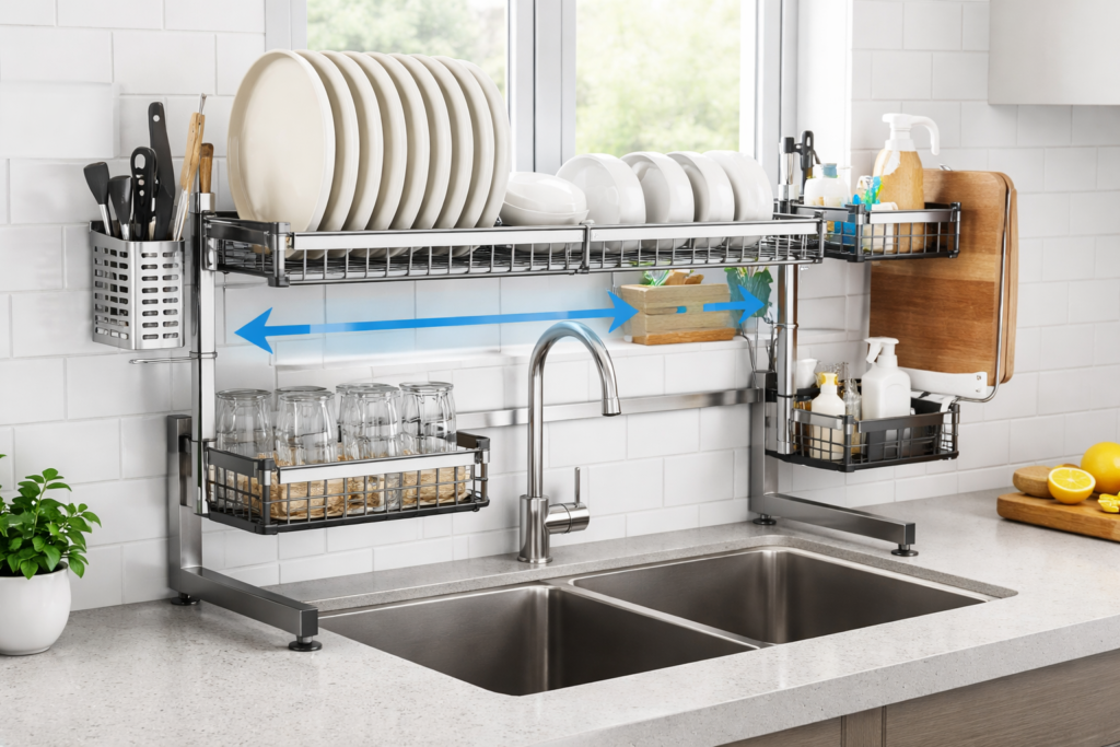 Expandable over-the-sink rack with adjustable width