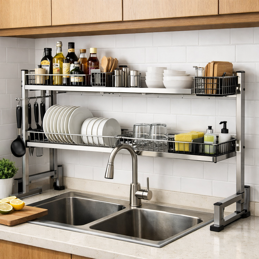 Two-tier stainless steel over-the-sink rack installed above a kitchen sink