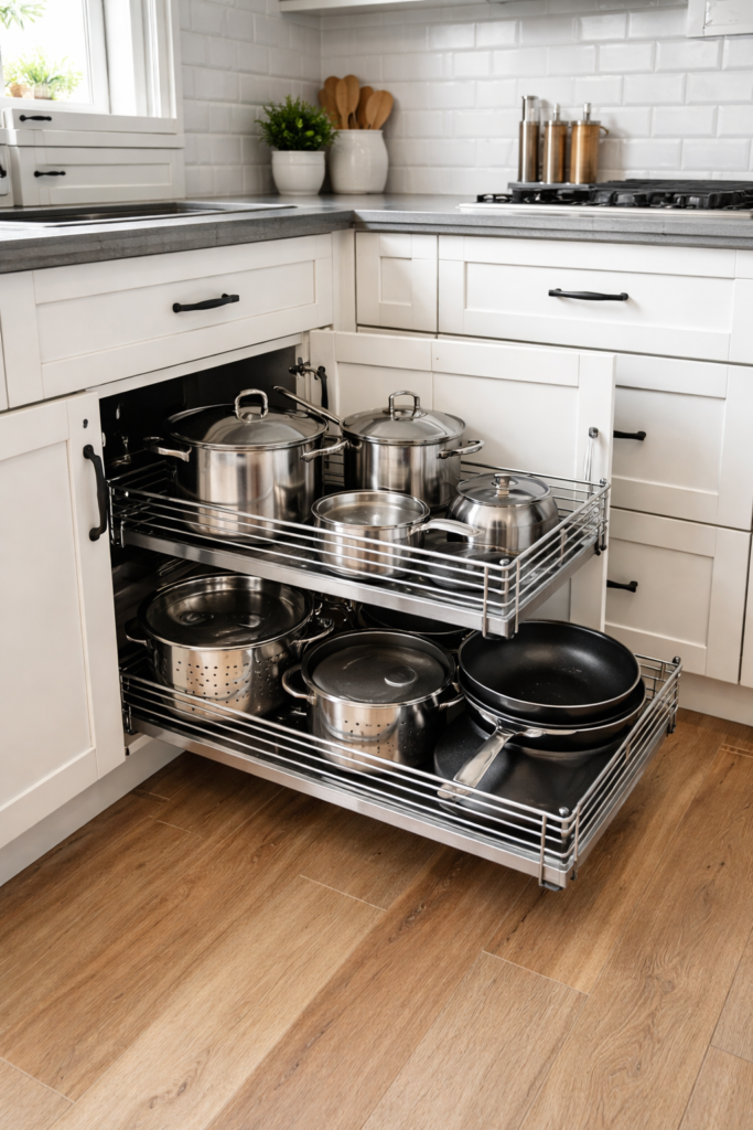 pull-out cabinet organizer sliding out of lower kitchen cabinet