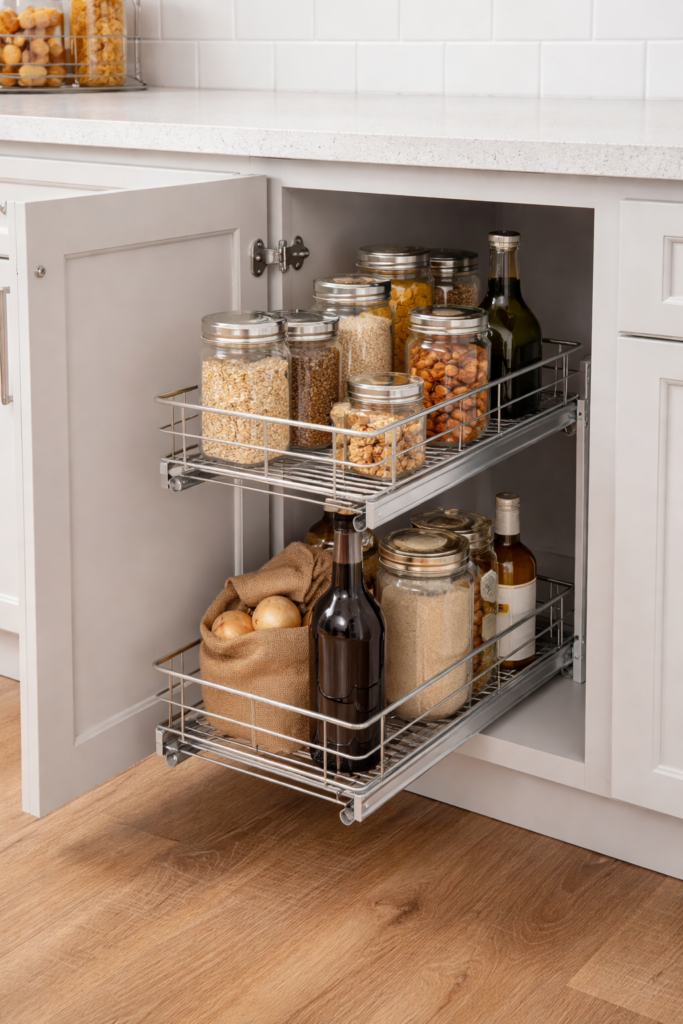 two-tier pull-out cabinet organizer in kitchen cabinet
