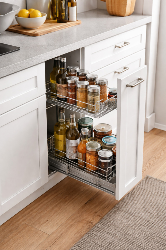 compact pull-out cabinet organizer in small kitchen cabinet