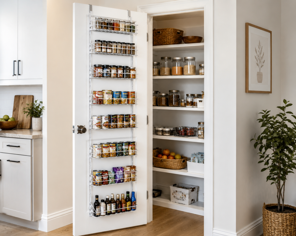 Best over-the-door pantry organizers — wire rack on open pantry door showing spices, canned goods, and oils with organized pantry shelves behind