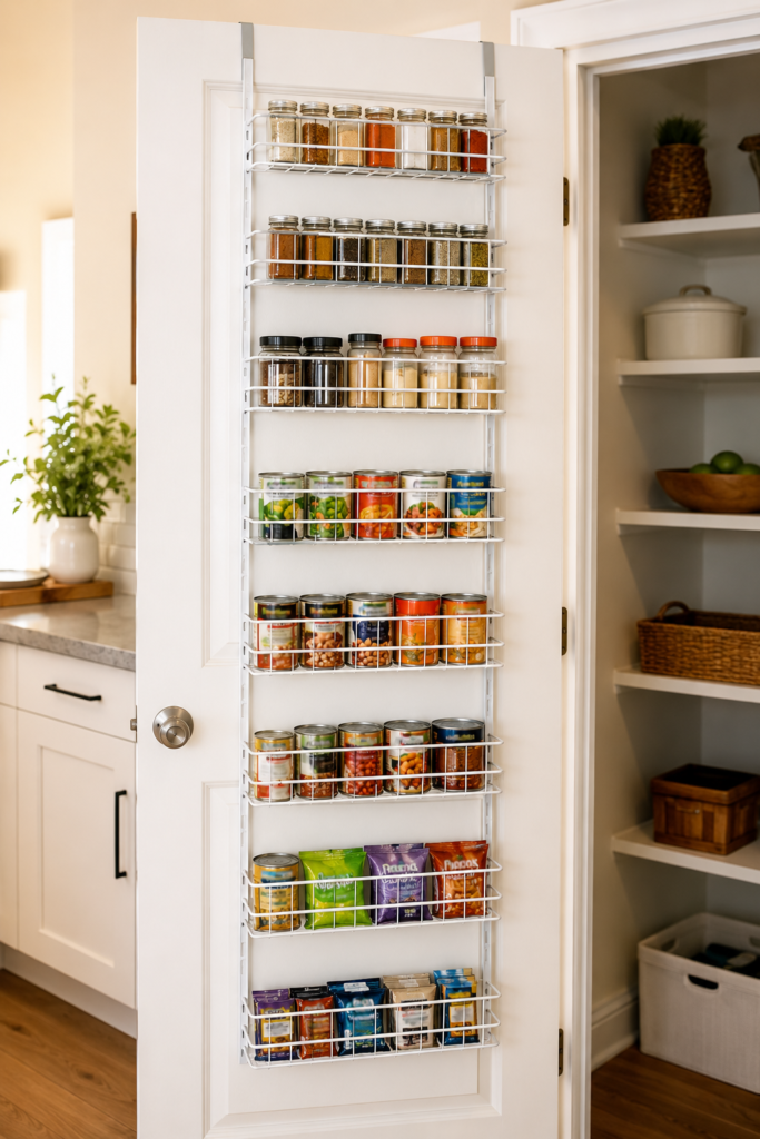 Over-the-door pantry organizer fully loaded with spice jars on upper tiers, canned goods in the middle, and snacks on the lower tiers