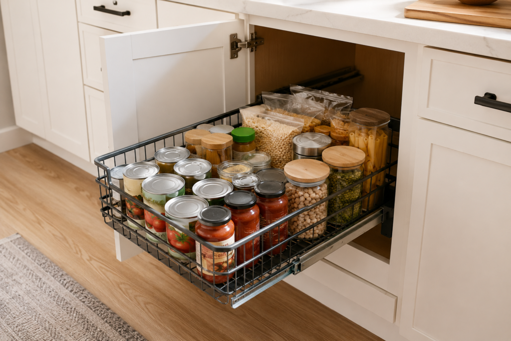 Best pull-out cabinet organizers for kitchen cabinets — wire basket fully extended with canned goods, glass jars, and pantry staples