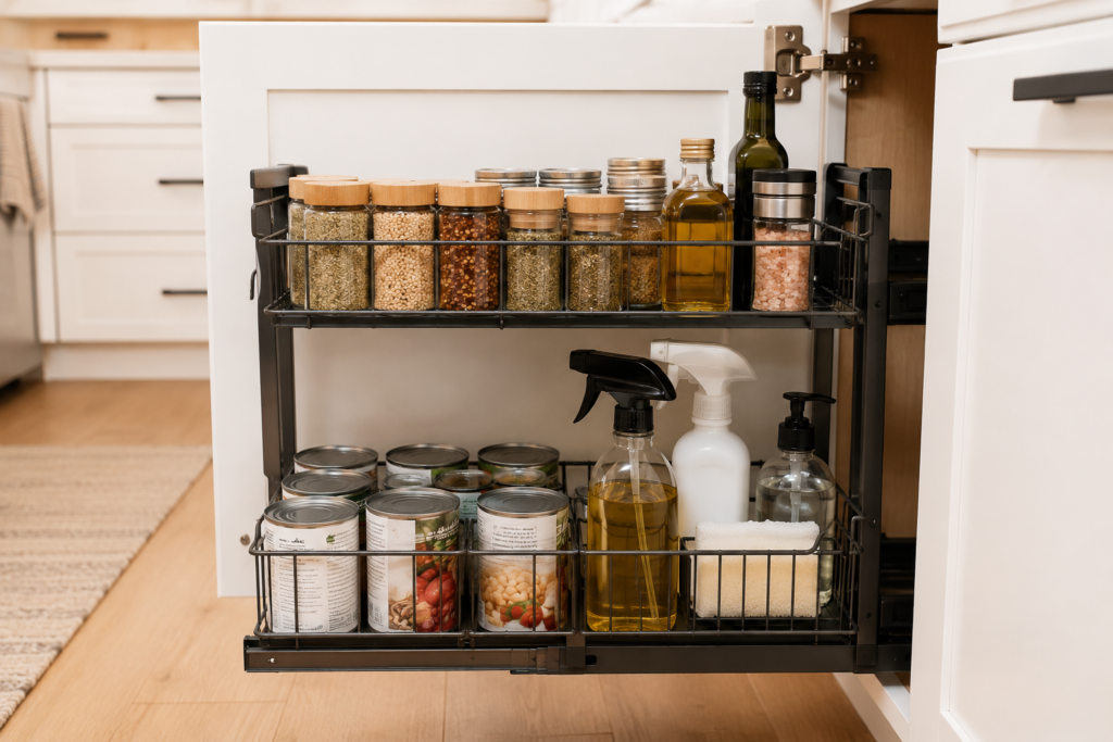 Two-tier pull-out cabinet organizer extended from kitchen base cabinet with spice jars and oils on the upper tier and canned goods and cleaning supplies on the lower tier