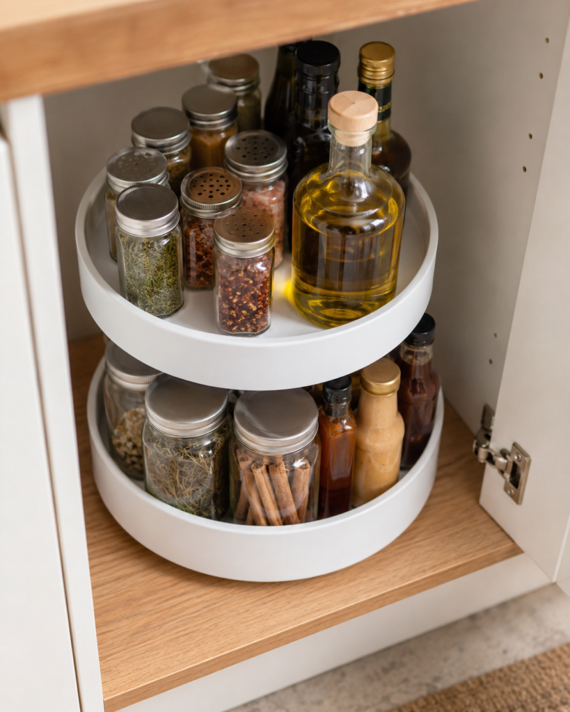 Best lazy susan organizers for kitchen cabinets — two-tier rotating shelf with spices and condiments