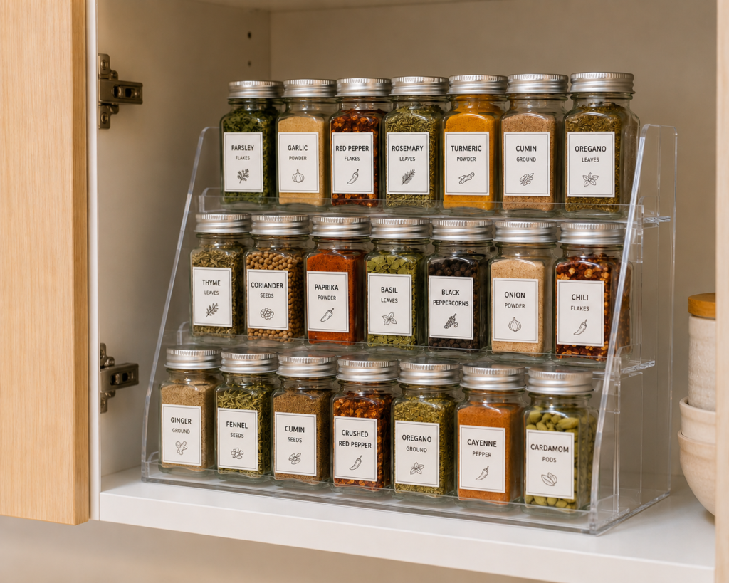 Best spice rack organizers for kitchen cabinets — three-tier acrylic rack with labeled spice jars on each shelf