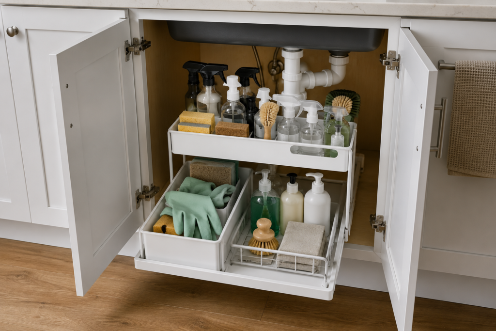 Best cleaning supply organizers for kitchens — two-tier sliding pull-out under-sink cabinet organizer with spray bottles, sponges, gloves, and dish soap on each tier