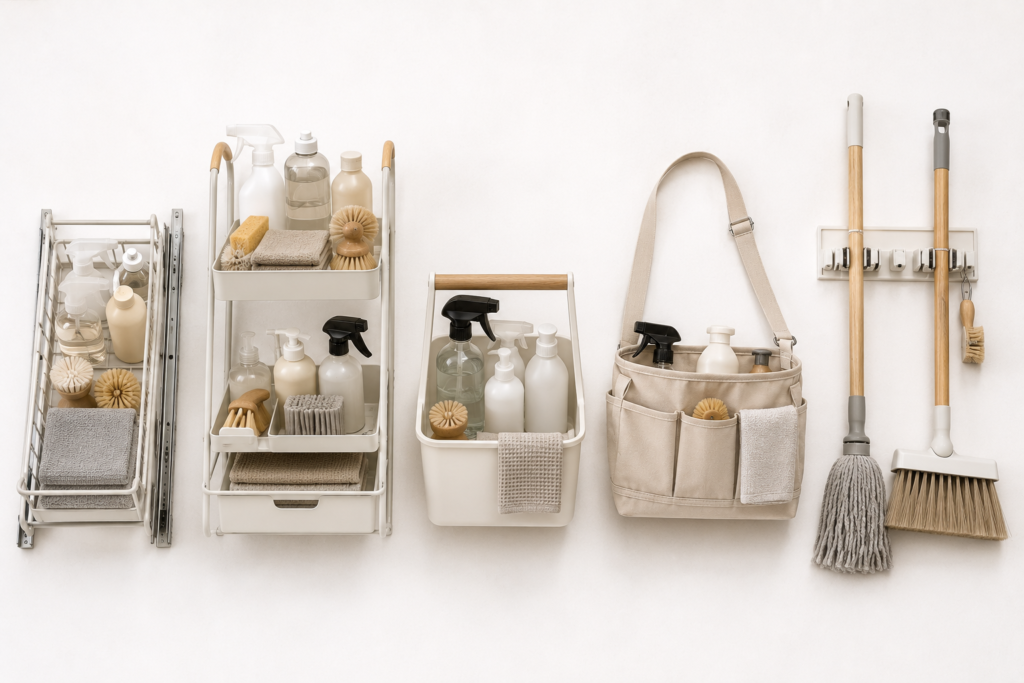 Five types of kitchen cleaning supply organizers shown side by side including pull-out wire basket, multi-tier shelf, portable caddy, wearable shoulder bag organizer, and wall-mounted broom and mop holder