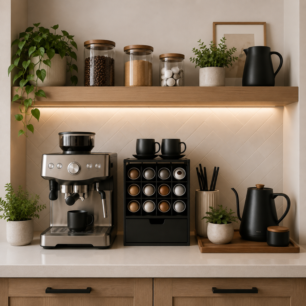Modern coffee station with espresso machine, pod organizer, floating shelves, and organized coffee accessories