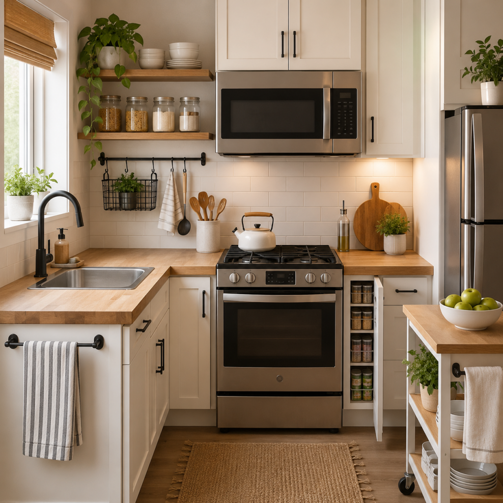 Small apartment kitchen with compact storage ideas, space-saving organization, and multifunctional layout design
