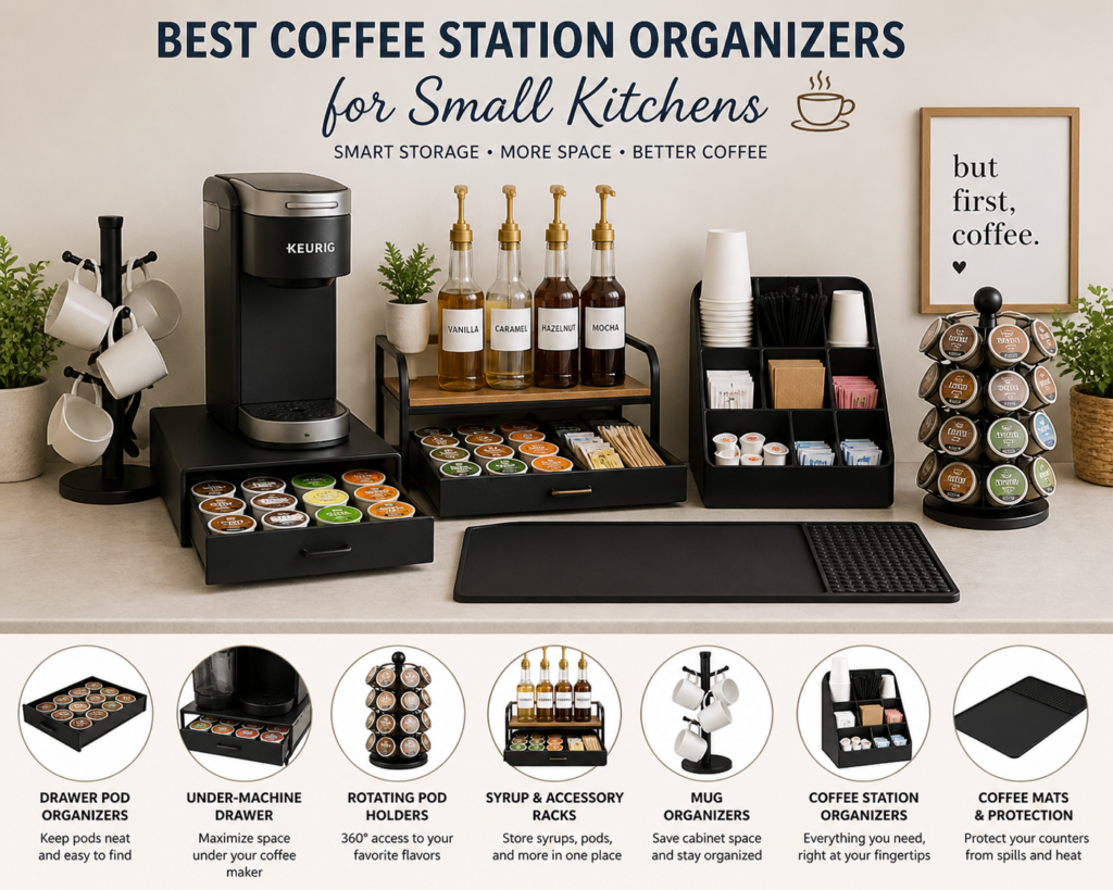 coffee station organizers for small kitchens with pod storage mug rack syrup bottles and countertop setup