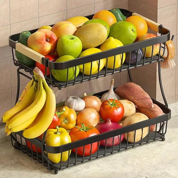 two tier fruit basket organizer with banana hanger on modern kitchen counter