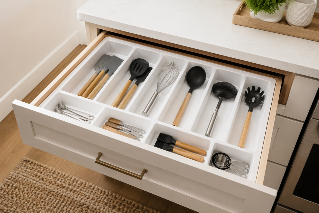Best drawer organizers for kitchen drawers — expandable white utensil tray with spatulas, whisks, ladles, and cooking tools organized in separate compartments