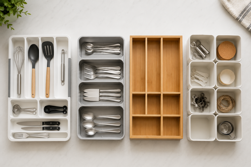 Four types of kitchen drawer organizers shown overhead including expandable plastic tray, bamboo wood divider, compact silverware organizer, and modular storage bins